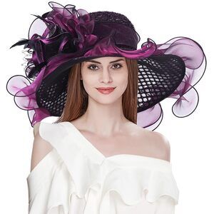 Women's Organza Derby Church Hat Fascinator Clip Sequin Dots Wide Brim 8142